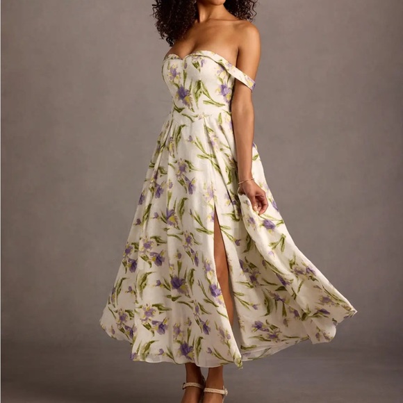 NWT Azazie Atelier Alexie Tulip Print Maxi Dress 12 White Iris Floral Dance Prom - Picture 2 of 16